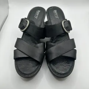Born Black Leather Platform Slide Sandals Wedge Buckle strap Womens 9M thumbnail 3