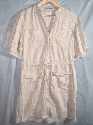 Ophelia‎ Roe Linen Blend Utility Dress Lg Beige Tie Waist Pockets Short Sleeves thumbnail 1