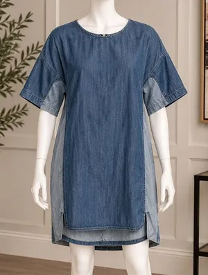 Life in Progress Women Denim Shift Dress Two Tone Colorblock Blue Small thumbnail 1