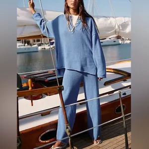 Free People Beach Hailee Wide Leg Pants Knit Women’s Size Small Periwinkle Blue thumbnail 3