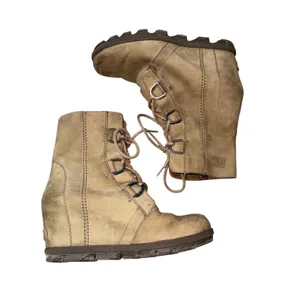 Sorel Joan of Arctic Wedge Boots Women 79 Tan Leather Good Lace Up NL1988-245 thumbnail 6