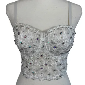 White Lace Bustier Crop Top Womens M Beaded Rhinestone Corset Cami Y2K Bridal thumbnail 4