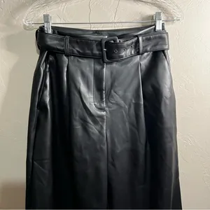 Loft Black Faux Leather High Rise Wide-Leg Belted Fleece Lined Trouser‎ Pants thumbnail 4