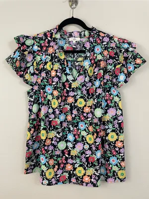 Entro Floral Ruffle Poplin V‎ Neck Blouse Size Large thumbnail 3