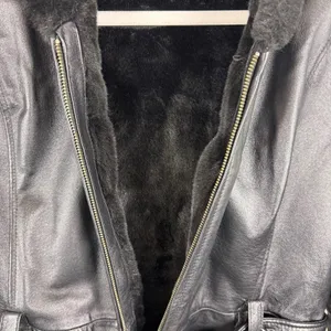 PELLE Black Genuine Leather Hooded Belted Faux Fur Lined Full Zip Jacket‎ Size L thumbnail 6