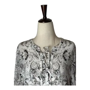 Tribal‎ Shirt Women Large Ivory Gray Floral Fleur Lace Up Neck Ruffle Hem Top thumbnail 3