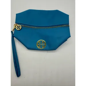 Tory Burch Cosmetic Bag Wristlet Women OS Blue Gold Logo Nylon Pouch thumbnail 7