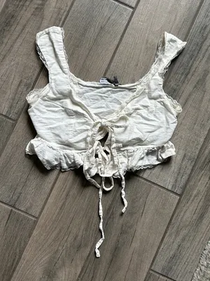 ASOS Cream Tie-Front Ruffle Crop Top thumbnail 1