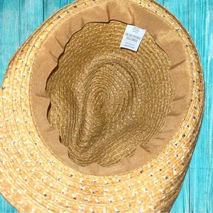 Cute straw fedora with turquoise beaded band! Tan thumbnail 8