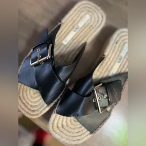 Zara Black Leather Espadrille JUTE WEDGE SANDALS thumbnail 9