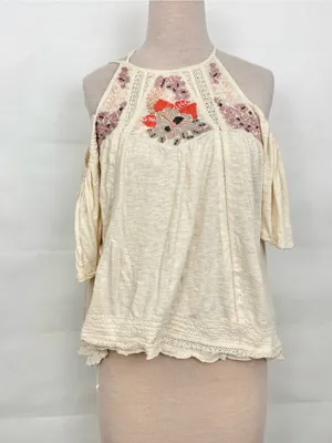 Free People Fast Times Cold Shoulder Top XS xsmall (Neutral) embroidered beaded thumbnail 2