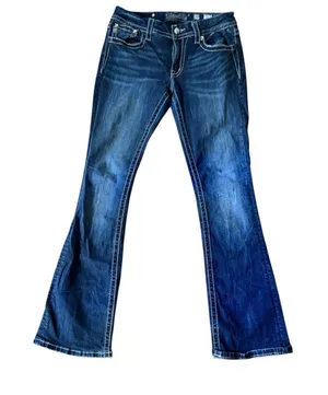 Miss Me Mid~Rise Boot Denim Jeans Sz 29X32.5 Stretch Bling Flap Pockets Distress thumbnail 1