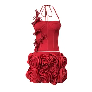 Ethan Design Halter Rose Floral Corset 2-Pieces‎ Dress in Red Small thumbnail 3