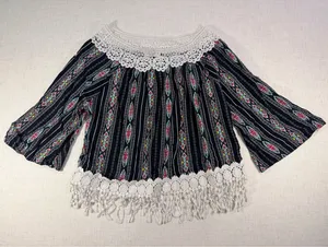 Julia Boho Geometric Striped Crochet Lace Fringe Bell Sleeve Top Black Large thumbnail 1