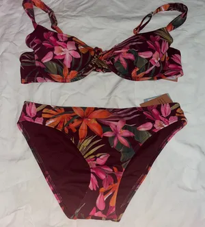 Shade & Shore New 2 Piece Bikini Swimsuit Burgundy Floral Small Bottom Low Rise 36D Top thumbnail 1