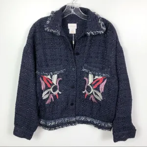 Foxiedox Floral Embroidered Fringe Tweed Jacket Dark Blue Women's Size Medium thumbnail 3