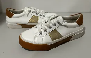White Leather Sneakers with Gold Accent and Tan Trim thumbnail 1