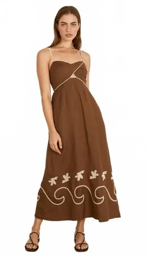 Mon Renn Fresco Embroidered Sundress Maxi Dress Summer Linen Cotton Size Medium thumbnail 1