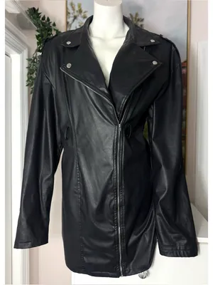 PrettyLittleThing Black Faux Leather Long Moto Jacket Padded Shoulders 12 Large thumbnail 1