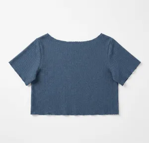 🖼️ SHEIN Dusty Blue V-Neck Cropped Waffle Knit Relaxed Fit Tee thumbnail 3