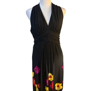 Jones Wear Dress Maxi Womens 8 Black Excellent Floral Halter Pleated V-Neck‎ thumbnail 3