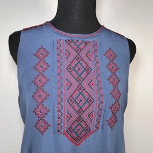Madewell‎ 100% Silk Boho Geometric Embroidered Shift Dress Blue Red Size L thumbnail 4