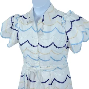 Boutique Blue White Eyelet Cottagecore Midi Dress Tie Waist XL thumbnail 7