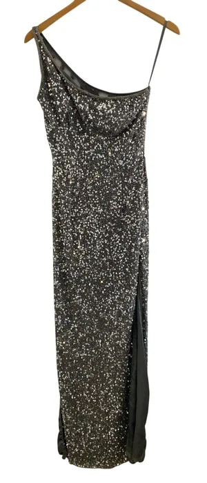 Scala One Shoulder Silver form fitting dress‎ with high slits size MED thumbnail 1