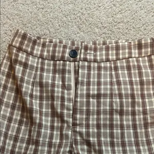 SHEIN Women’s Plaid Chino Pants Brown Cream Straight Leg Trousers thumbnail 2