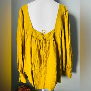 Anthropologie Maeve Boho Smocked Sleeve Square Neck Blouse Gold/Mustard thumbnail 6