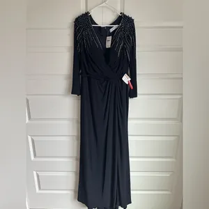 Leena Mac Duggal Long Sleeve Jersey Wrap Gown‎ Dress Embellished V Neck Midnight thumbnail 4