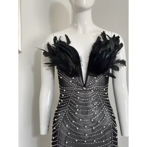 Beaded Pearl Sheer Feather Bust Dress Size Small Stretchy Bodycon Night Out thumbnail 3
