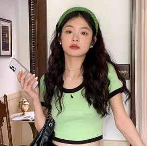 Green Ribbed Crop Top with Black Trim thumbnail 1