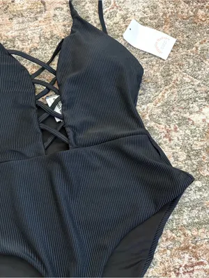 Anthropologie Dippin Daisys Bliss Ribbed One Piece Black Swimsuit Medium thumbnail 3