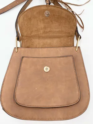 Franco Sarto Tan Faux Suede Leather Crossbody Saddle Bag Purse Fringe Boho thumbnail 4