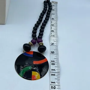 Vintage enamel disk beaded bold abstract necklace. Black thumbnail 6