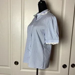 Dainty Blue Pinstripe Lace Trim Button Up Collared Blouse thumbnail 2