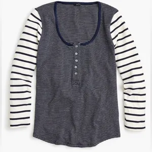J. Crew Navy and White Striped Scoop Neck Ribbed Long Sleeve Henley thumbnail 1