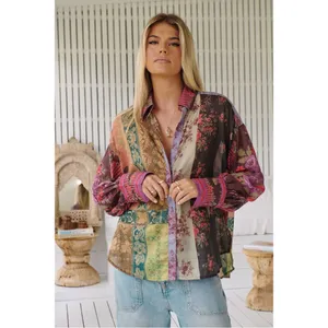 Free People Bohemian Patchwork Flower Patch Top Berry Combo Oversized Small Fall thumbnail 15