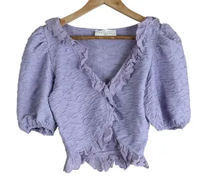 American Threads Coquette Puff Sleeve Crop Top Purple Ruffle Textured V-Neck S thumbnail 1