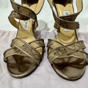 Jimmy Choo Metallic Lace Strappy Stiletto Sandals Heels Size 39 thumbnail 3