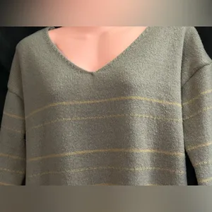 SHEIN Women's V-Neck Striped Knit Sweater Brown & Yellow SZ MD thumbnail 7