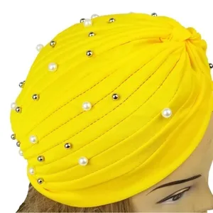 FAUX Pearl Decor Pleated Turban. Yellow. NWOT thumbnail 1