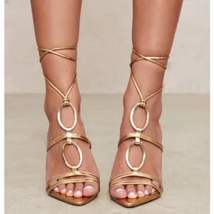 PrettyLittleThing RIng Detail Lace Up Strappy Pointed Toe Heels Size US 10 Gold thumbnail 7