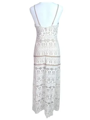Ecru Split Front Lace Maxi Dress M Cage Spaghetti Straps Prom Beach Wedding thumbnail 10