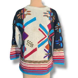 Vintage 90s Abstract Hand Knit Chunky Sweater‎ Bold Graphic Oversized Red Stripe thumbnail 2