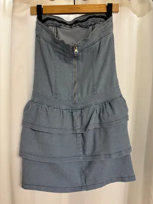 Strapless Ruffle Denim Mini Dress Blue Size XS thumbnail 5