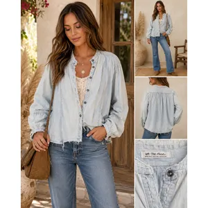Free People We The Free Denim Button Down Top Light Wash Blue XS thumbnail 2