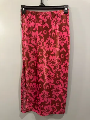 Urban Outfitters Pink and Brown Patterned Satin Slip Midi Skirt with Slit thumbnail 6