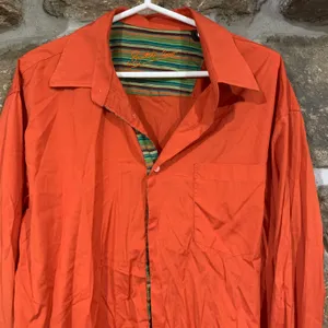 Y2K Early 2000s Orange Bugatchi Long Sleeve Button Down Top w/ Green Striped Accents thumbnail 2